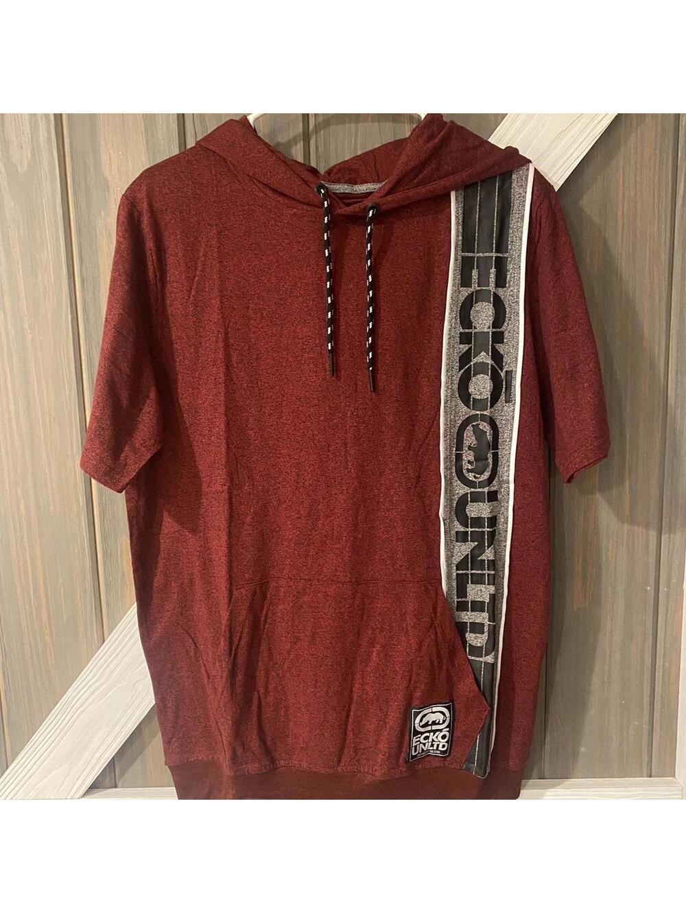 Ecko Unltd. Maroon Short Sleeve Hoodie w/ Black Stripe Graphic - Medium